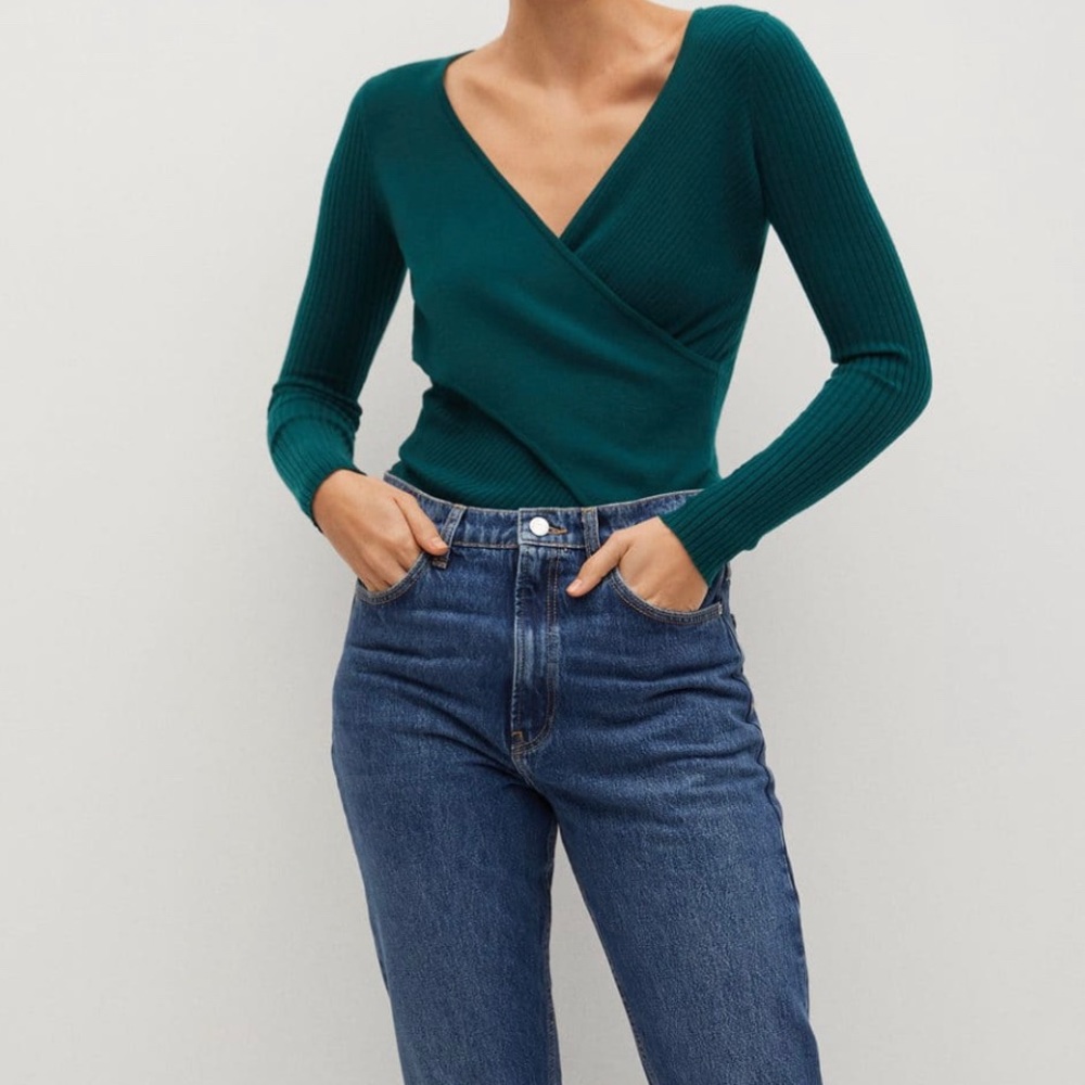 Mango Cross Knit Sweater Emerald Green